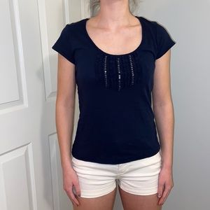 Navy top with ruffled sequined front
